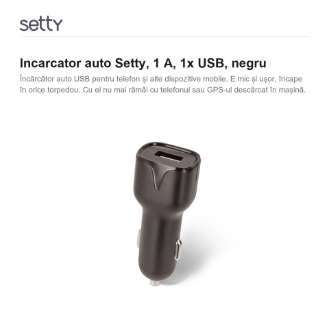 Incarcator auto Setty, 1 A, 1x USB, negru [1]