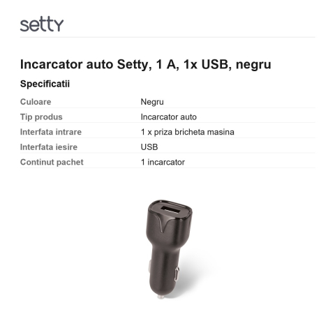 Incarcator auto Setty, 1 A, 1x USB, negru [2]