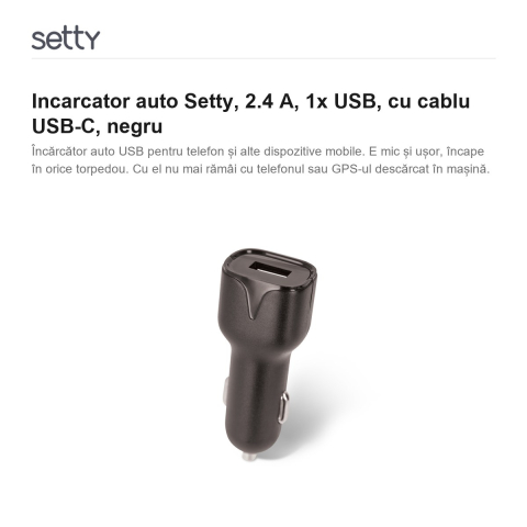 Incarcator auto Setty, 2.4 A, 1x USB, cu cablu USB-C, negru [1]