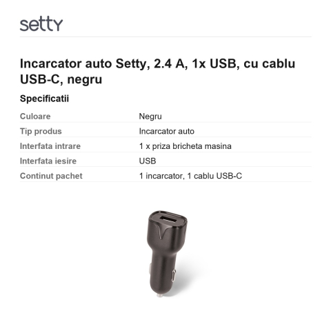 Incarcator auto Setty, 2.4 A, 1x USB, cu cablu USB-C, negru [2]