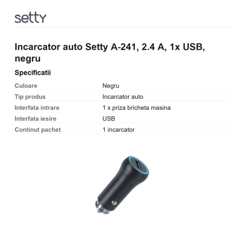 Incarcator auto Setty A-241, 2.4 A, 1x USB, negru [2]