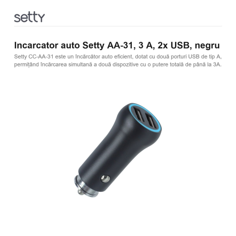 Incarcator auto Setty AA-31, 3 A, 2x USB, negru [1]