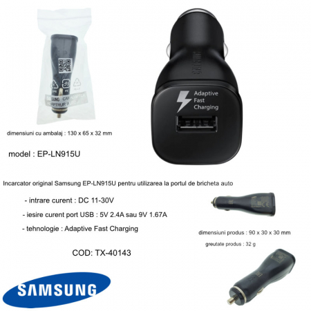 Incarcator auto USB, Samsung EP-LN915U, Adaptive Fast Charging, DC 11-30V, 5V 2A sau 9V 1.67A, negru [4]
