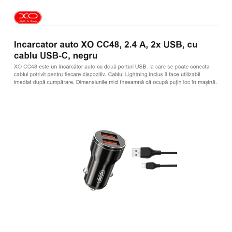 Incarcator auto XO CC48, 2.4 A, 2x USB, cu cablu USB-C, negru [1]