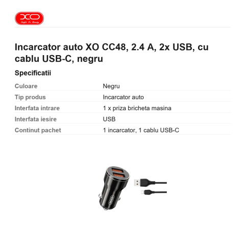 Incarcator auto XO CC48, 2.4 A, 2x USB, cu cablu USB-C, negru [2]