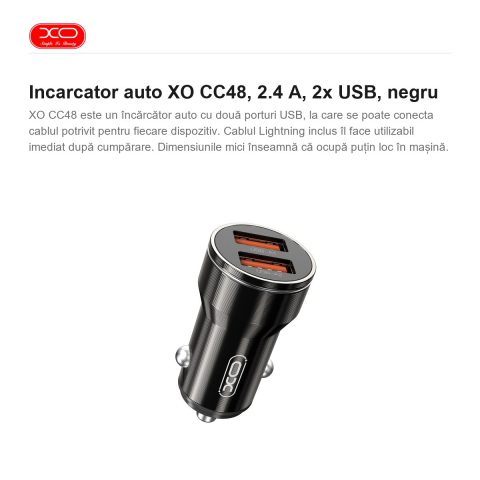 Incarcator auto XO CC48, 2.4 A, 2x USB, negru [1]
