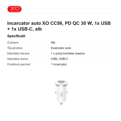 Incarcator auto XO CC56, PD QC 30 W, 1x USB + 1x USB-C, alb [2]