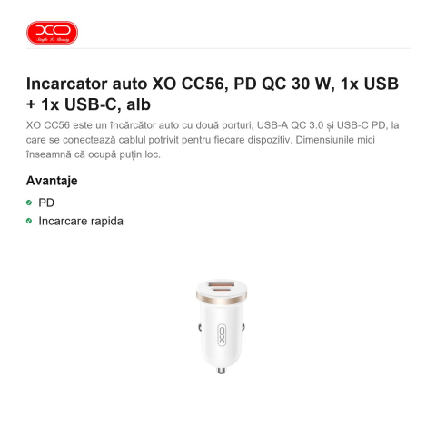 Incarcator auto XO CC56, PD QC 30 W, 1x USB + 1x USB-C, alb [1]