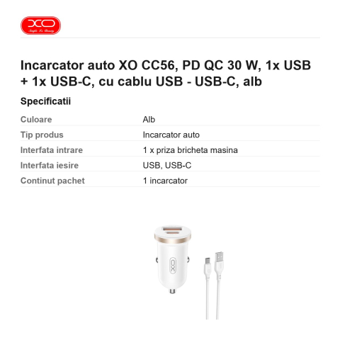 Incarcator auto XO CC56, PD QC 30 W, 1x USB + 1x USB-C, cu cablu USB - USB-C, alb [2]