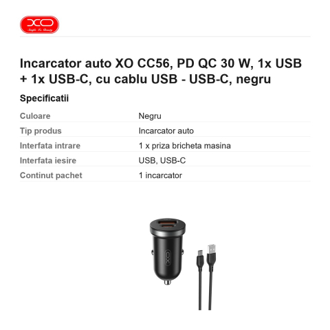 Incarcator auto XO CC56, PD QC 30 W, 1x USB + 1x USB-C, cu cablu USB - USB-C, negru [2]