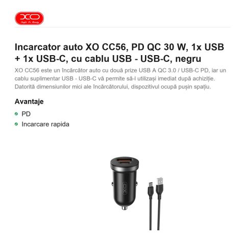 Incarcator auto XO CC56, PD QC 30 W, 1x USB + 1x USB-C, cu cablu USB - USB-C, negru [1]