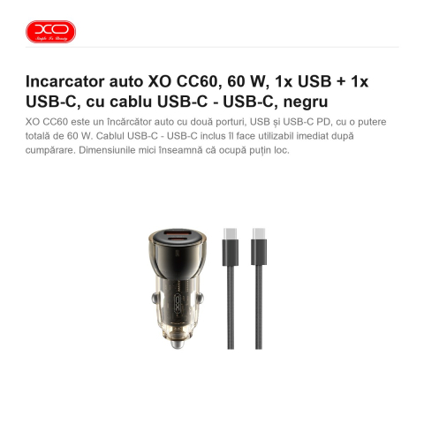 Incarcator auto XO CC60, 60 W, 1x USB + 1x USB-C, cu cablu USB-C - USB-C, negru [1]
