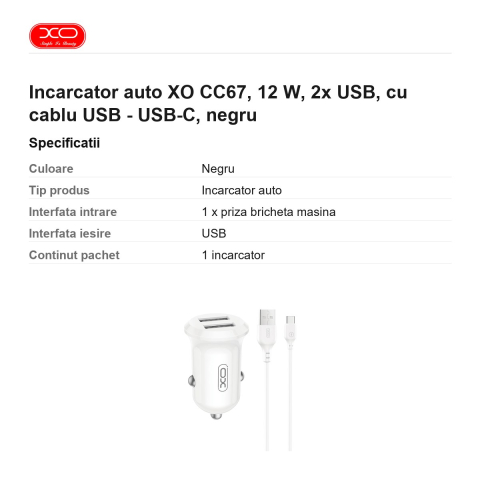 Incarcator auto XO CC67, 12 W, 2x USB, cu cablu USB - USB-C, negru [2]
