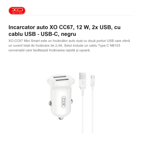 Incarcator auto XO CC67, 12 W, 2x USB, cu cablu USB - USB-C, negru [1]