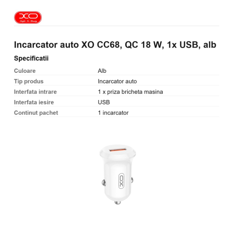Incarcator auto XO CC68, QC 18 W, 1x USB, alb [2]