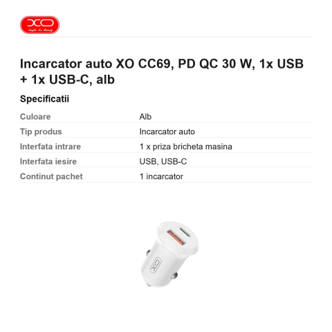 Incarcator auto XO CC69, PD QC 30 W, 1x USB + 1x USB-C, alb [2]