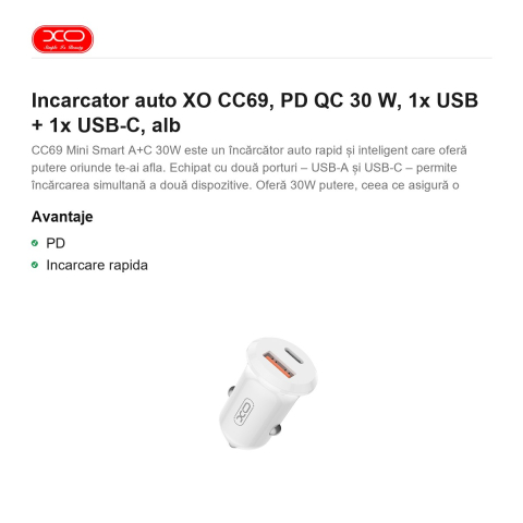 Incarcator auto XO CC69, PD QC 30 W, 1x USB + 1x USB-C, alb [1]