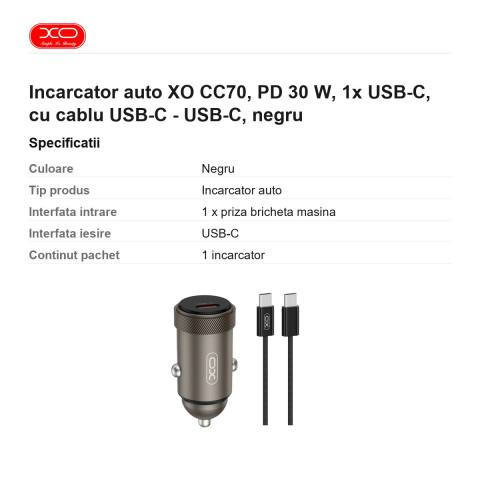 Incarcator auto XO CC70, PD 30 W, 1x USB-C, cu cablu USB-C - USB-C, negru [2]