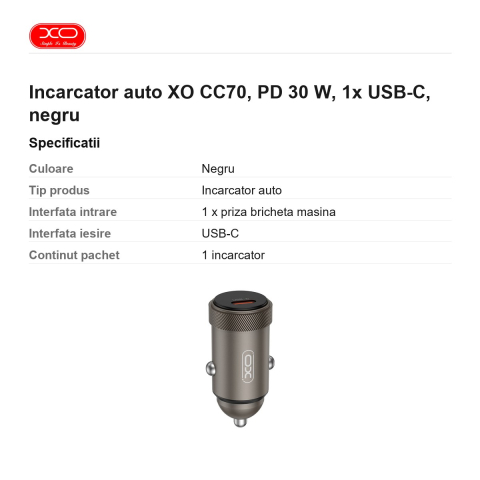 Incarcator auto XO CC70, PD 30 W, 1x USB-C, negru [2]