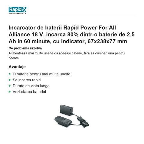 Incarcator de baterii Rapid Power For All Alliance 18 V, incarca 80% dintr-o baterie de 2.5 Ah in 60 minute, cu indicator, 67x238x77 mm [1]