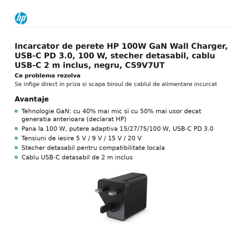 Incarcator de perete HP 100W GaN Wall Charger, USB-C PD 3.0, 100 W, stecher detasabil, cablu USB-C 2 m inclus, negru, CS9V7UT [1]