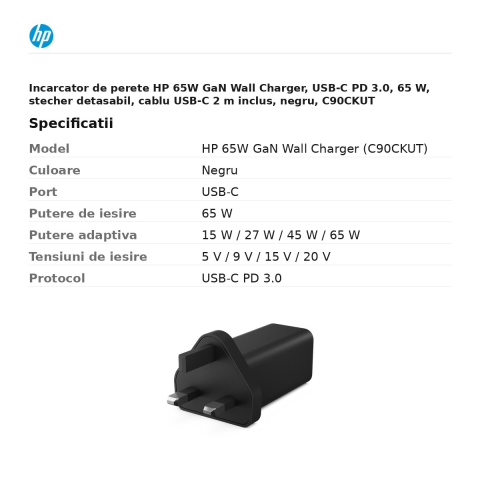 Incarcator de perete HP 65W GaN Wall Charger, USB-C PD 3.0, 65 W, stecher detasabil, cablu USB-C 2 m inclus, negru, C90CKUT [2]