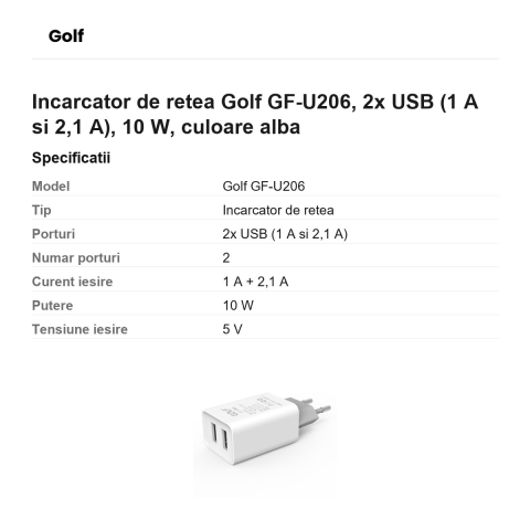 Incarcator de retea Golf GF-U206, 2x USB (1 A si 2,1 A), 10 W, culoare alba [2]