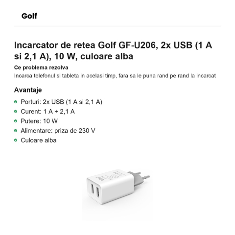 Incarcator de retea Golf GF-U206, 2x USB (1 A si 2,1 A), 10 W, culoare alba [1]
