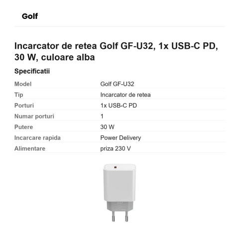Incarcator de retea Golf GF-U32, 1x USB-C PD, 30 W, culoare alba [2]
