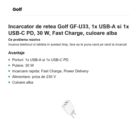 Incarcator de retea Golf GF-U33, 1x USB-A si 1x USB-C PD, 30 W, Fast Charge, culoare alba [1]