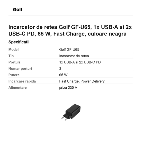 Incarcator de retea Golf GF-U65, 1x USB-A si 2x USB-C PD, 65 W, Fast Charge, culoare neagra [2]