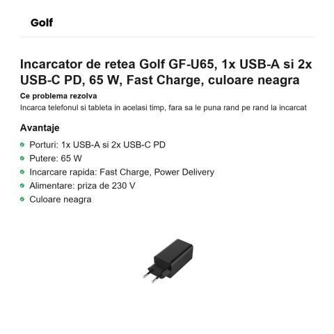 Incarcator de retea Golf GF-U65, 1x USB-A si 2x USB-C PD, 65 W, Fast Charge, culoare neagra [1]