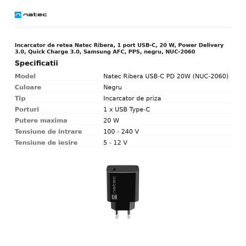 Incarcator de retea Natec Ribera, 1 port USB-C, 20 W, Power Delivery 3.0, Quick Charge 3.0, Samsung AFC, PPS, negru, NUC-2060 [2]