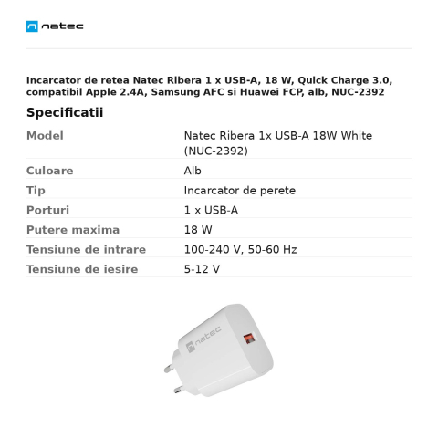 Incarcator de retea Natec Ribera 1 x USB-A, 18 W, Quick Charge 3.0, compatibil Apple 2.4A, Samsung AFC si Huawei FCP, alb, NUC-2392 [2]