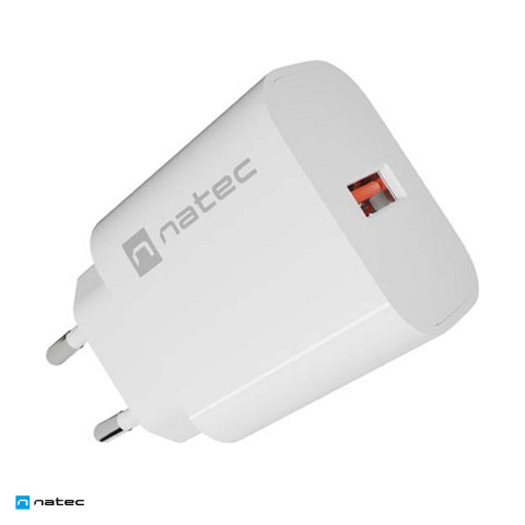 Priza retea - Incarcator de retea Natec Ribera 1 x USB-A, 18 W, Quick Charge 3.0, compatibil Apple 2.4A, Samsung AFC si Huawei FCP, alb, NUC-2392