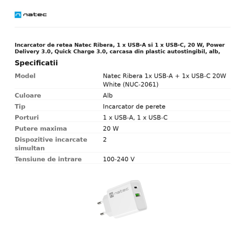 Incarcator de retea Natec Ribera, 1 x USB-A si 1 x USB-C, 20 W, Power Delivery 3.0, Quick Charge 3.0, carcasa din plastic autostingibil, alb, NUC-2061 [2]