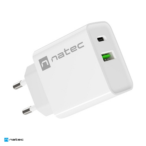 Priza retea - Incarcator de retea Natec Ribera, 1 x USB-A si 1 x USB-C, 20 W, Power Delivery 3.0, Quick Charge 3.0, carcasa din plastic autostingibil, alb, NUC-2061