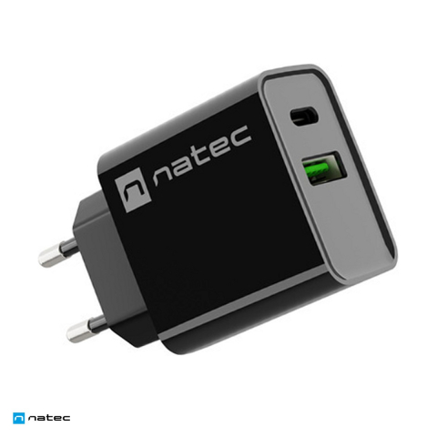 Priza retea - Incarcator de retea Natec Ribera, 1 x USB-A si 1 x USB-C, 20 W, Power Delivery 3.0, Quick Charge 3.0, carcasa din plastic autostingibil, negru, NUC-2062