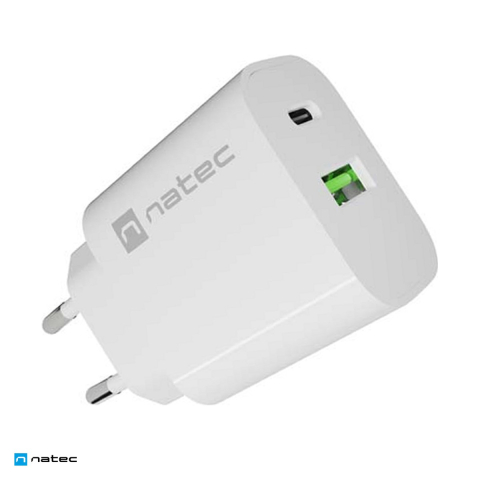 Priza retea - Incarcator de retea Natec Ribera, 1 x USB-A si 1 x USB-C, 20 W, Power Delivery 3.0, Quick Charge 3.0, compatibil Apple 2.4A, alb, NUC-2396