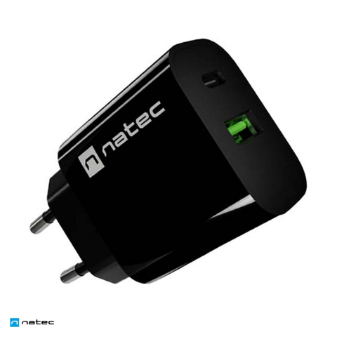 Priza retea - Incarcator de retea Natec Ribera, 1 x USB-A si 1 x USB-C, 20 W, Power Delivery 3.0, Quick Charge 3.0, compatibil Apple 2.4A, negru, NUC-2397