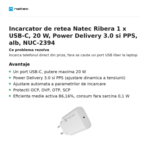 Incarcator de retea Natec Ribera 1 x USB-C, 20 W, Power Delivery 3.0 si PPS, alb, NUC-2394 [1]