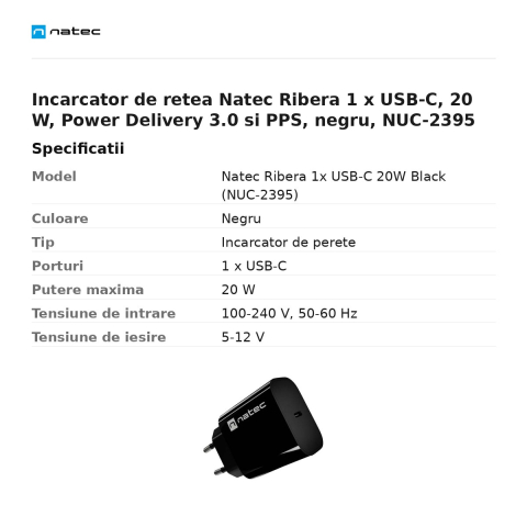 Incarcator de retea Natec Ribera 1 x USB-C, 20 W, Power Delivery 3.0 si PPS, negru, NUC-2395 [2]
