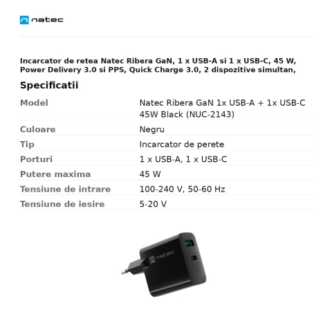 Incarcator de retea Natec Ribera GaN, 1 x USB-A si 1 x USB-C, 45 W, Power Delivery 3.0 si PPS, Quick Charge 3.0, 2 dispozitive simultan, negru, NUC-2143 [2]