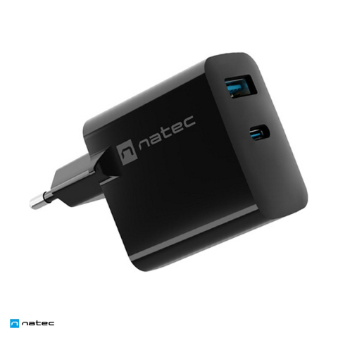 Priza retea - Incarcator de retea Natec Ribera GaN, 1 x USB-A si 1 x USB-C, 45 W, Power Delivery 3.0 si PPS, Quick Charge 3.0, 2 dispozitive simultan, negru, NUC-2143