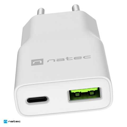 Priza retea - Incarcator de retea Natec Ribera GaN Slim, 1 x USB-A si 1 x USB-C, 20 W, Power Delivery si PPS, Quick Charge, 2 dispozitive simultan, alb, NUC-2376