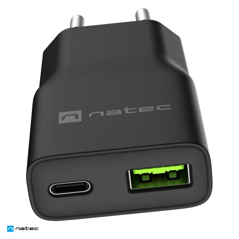 Priza retea - Incarcator de retea Natec Ribera GaN Slim, 1 x USB-A si 1 x USB-C, 20 W, Power Delivery si PPS, Quick Charge, 2 dispozitive simultan, negru, NUC-2377