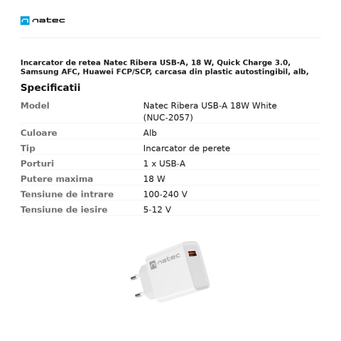 Incarcator de retea Natec Ribera USB-A, 18 W, Quick Charge 3.0, Samsung AFC, Huawei FCP/SCP, carcasa din plastic autostingibil, alb, NUC-2057 [2]