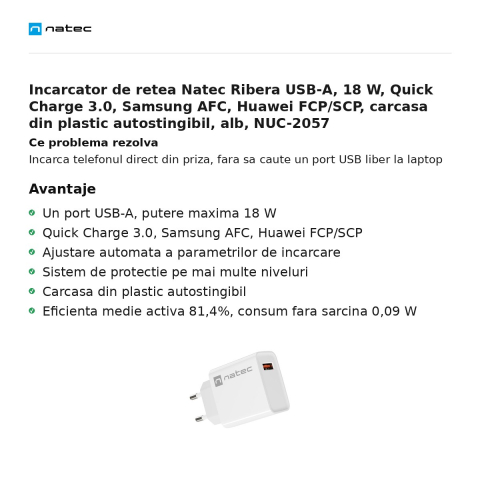 Incarcator de retea Natec Ribera USB-A, 18 W, Quick Charge 3.0, Samsung AFC, Huawei FCP/SCP, carcasa din plastic autostingibil, alb, NUC-2057 [1]