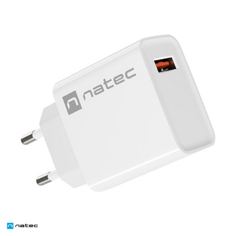 Priza retea - Incarcator de retea Natec Ribera USB-A, 18 W, Quick Charge 3.0, Samsung AFC, Huawei FCP/SCP, carcasa din plastic autostingibil, alb, NUC-2057
