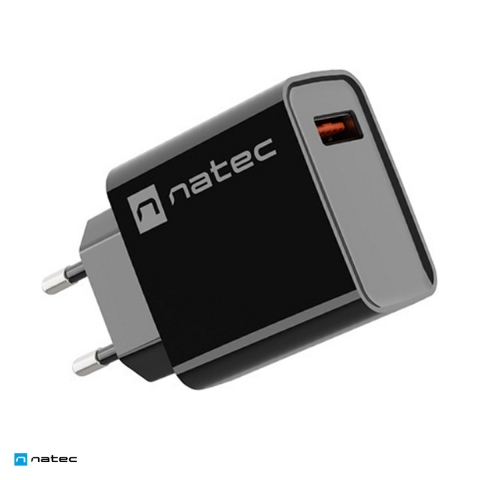 Priza retea - Incarcator de retea Natec Ribera USB-A, 18 W, Quick Charge 3.0, Samsung AFC, Huawei FCP/SCP, carcasa din plastic autostingibil, negru, NUC-2058